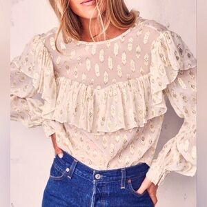 LoveShackFancy Erin Cream & Gold Sheer Ruffle Silk Blouse Size Small